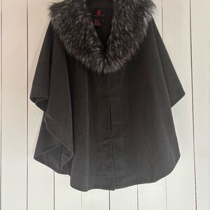 Adrienne Landau Charcoal Cape with Faux Fur Trim